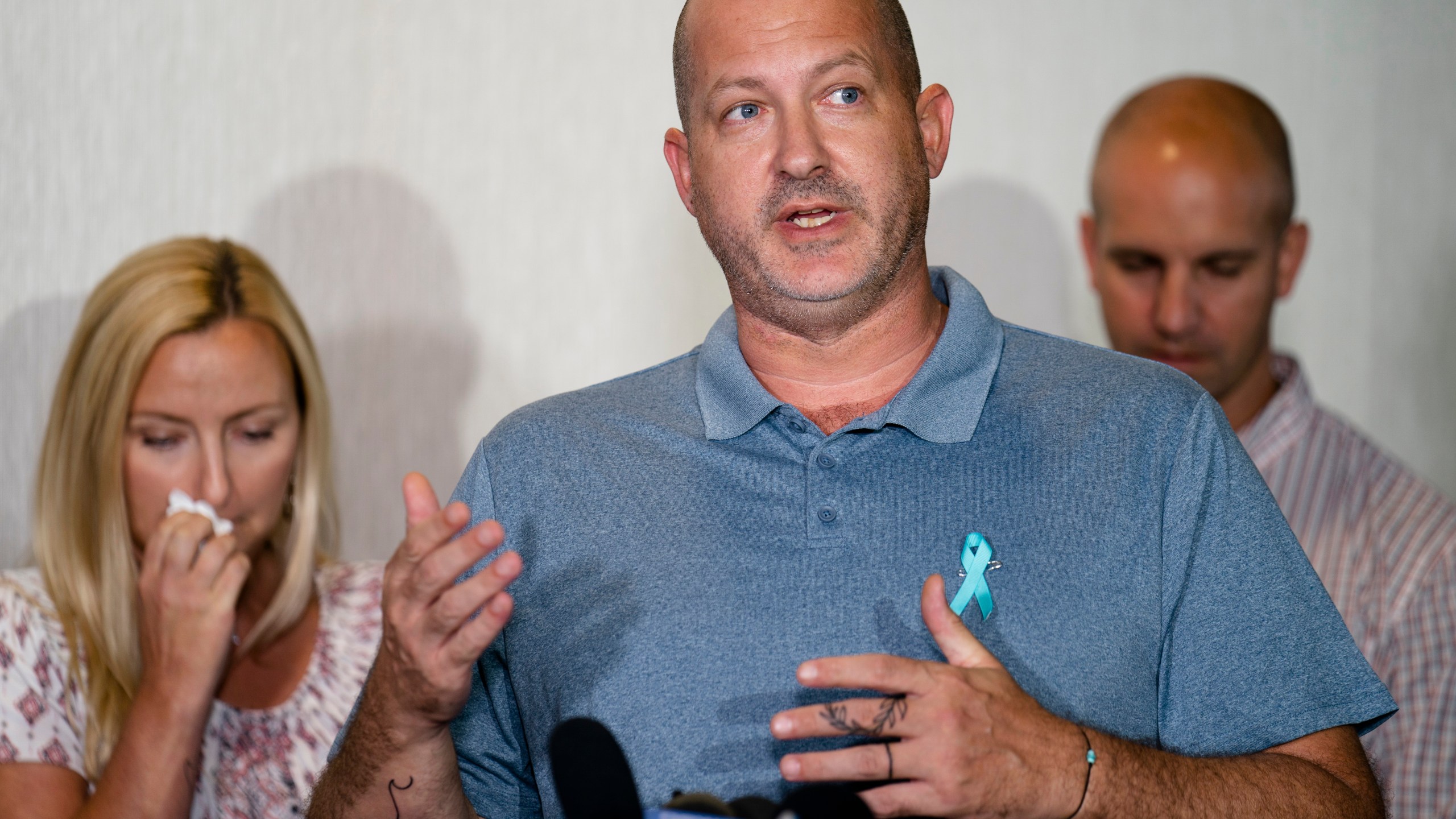 Joseph Petito, father of Gabby Petito, whose death on a cross-country trip has sparked a manhunt for her boyfriend Brian Laundrie, speaks during a news conference, Tuesday, Sept. 28, 2021, in Bohemia, N.Y. In a lawsuit filed in Florida, Thursday, March 10, 2022, the parents of Gabby Petito claim that Brian Laundrie told his parents he had killed her when he returned home alone from their ill-fated western trip in a converted van. (AP Photo/John Minchillo, File)