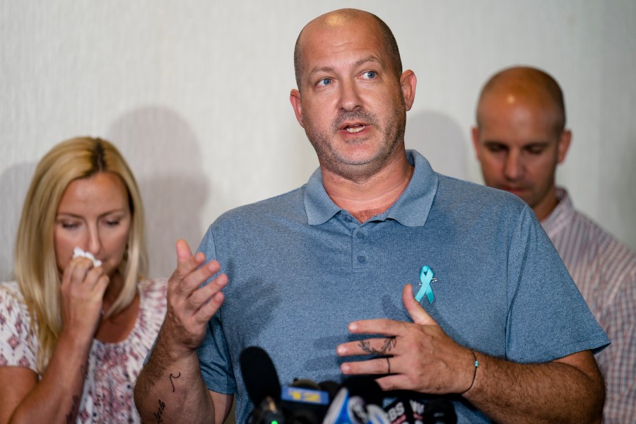 Joseph Petito, father of Gabby Petito, whose death on a cross-country trip has sparked a manhunt for her boyfriend Brian Laundrie, speaks during a news conference, Tuesday, Sept. 28, 2021, in Bohemia, N.Y. In a lawsuit filed in Florida, Thursday, March 10, 2022, the parents of Gabby Petito claim that Brian Laundrie told his parents he had killed her when he returned home alone from their ill-fated western trip in a converted van. (AP Photo/John Minchillo, File)