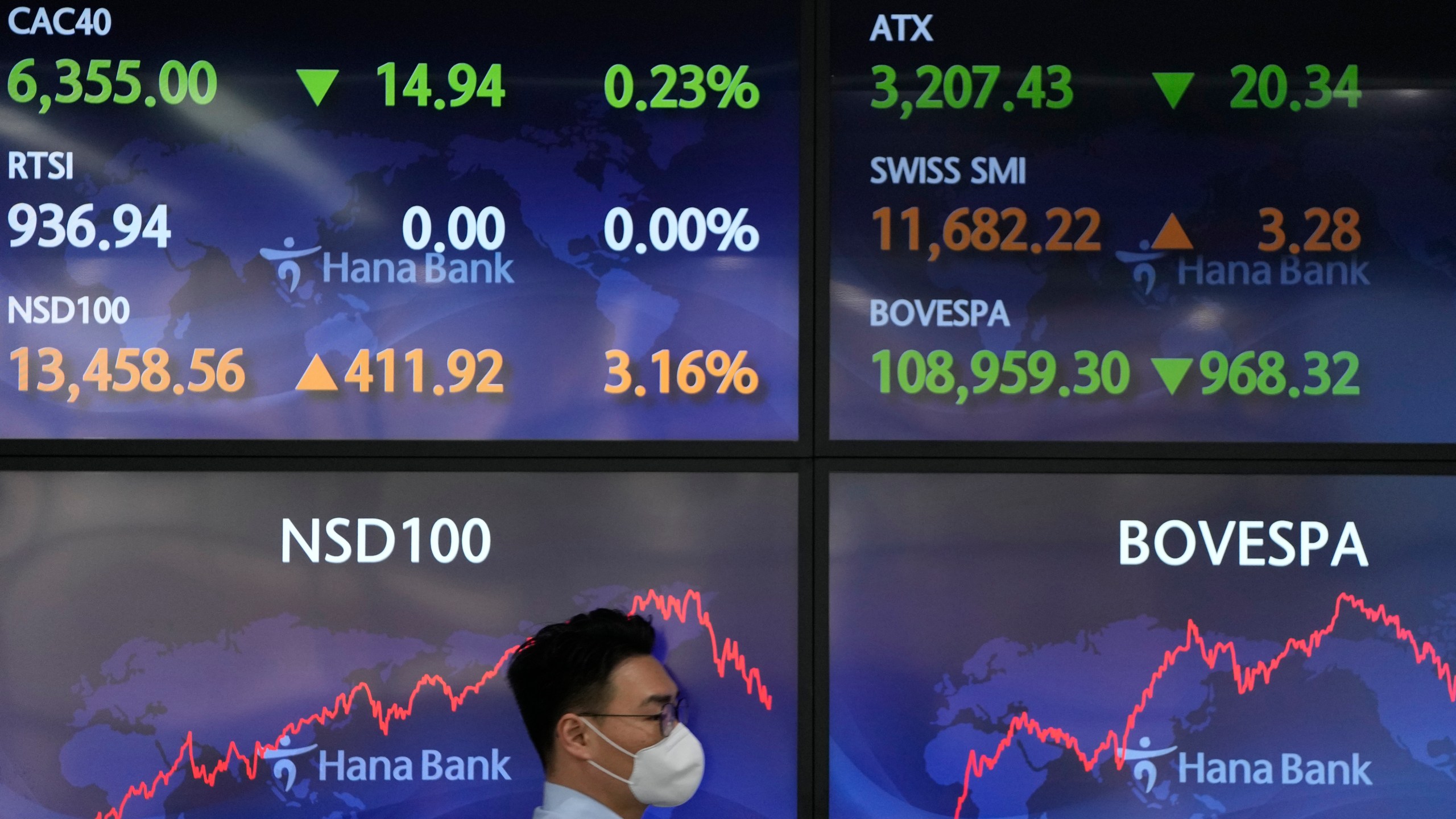 A currency trader walks near the screens at a foreign exchange dealing room in Seoul, South Korea, March 16, 2022. (Lee Jin-man/Associated Press)