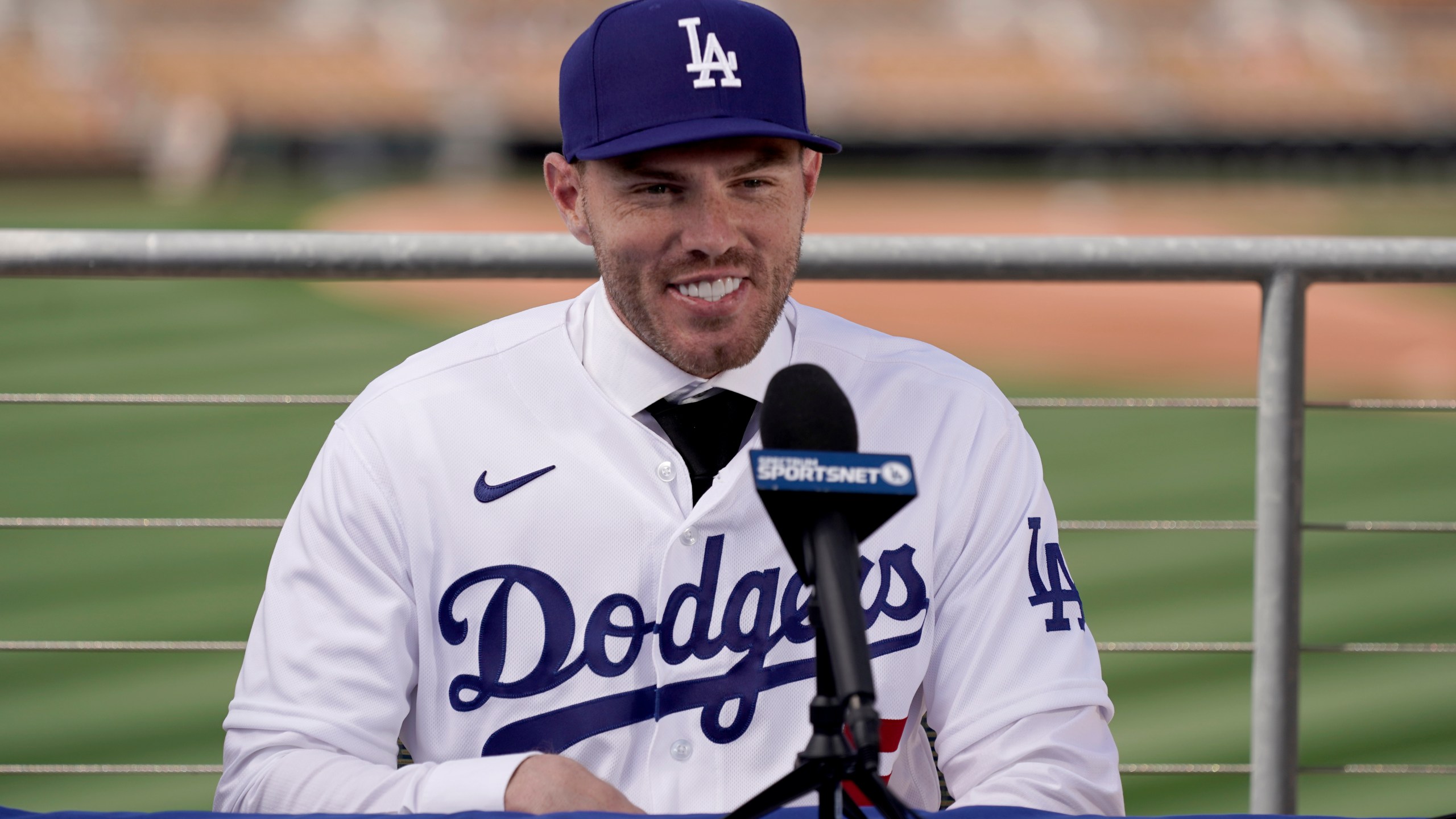 Los Angeles Dodgers' Freddie Freeman speaks during an introductory news conference at spring training baseball in Glendale, Arizona on March 18, 2022. (Charlie Riedel/Associated Press)