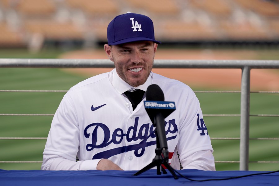 Los Angeles Dodgers' Freddie Freeman speaks during an introductory news conference at spring training baseball in Glendale, Arizona on March 18, 2022. (Charlie Riedel/Associated Press)