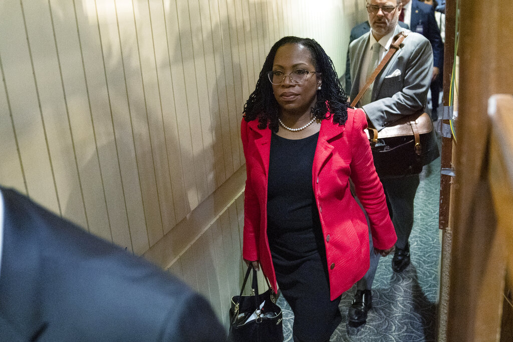 Supreme Court nominee Ketanji Brown Jackson arrives for the second day of her confirmation hearing before the Senate Judiciary Committee, Tuesday, March 22, 2022, in Washington. (AP Photo/Evan Vucci)