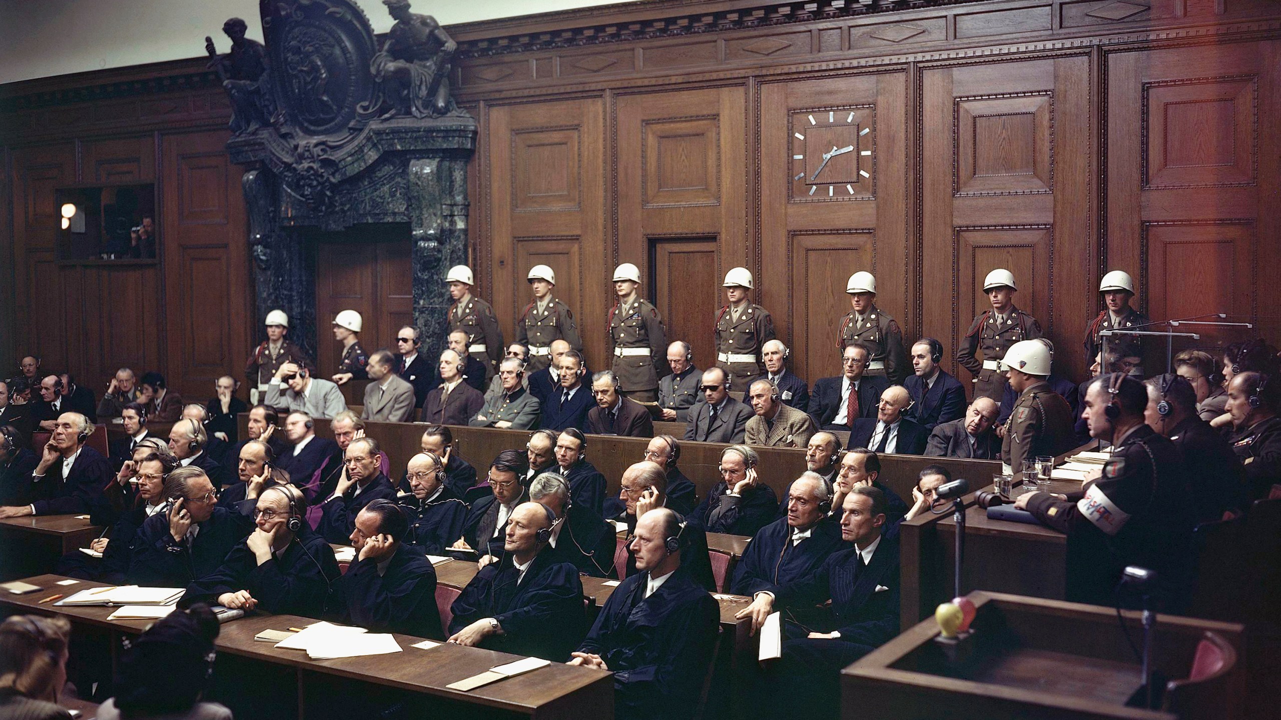 Defendants listen to part of the verdict in the Palace of Justice during the Nuremberg War Crimes Trial in Nuremberg, Germany on Sept. 30, 1946. (Eddie Worth/Associated Press)