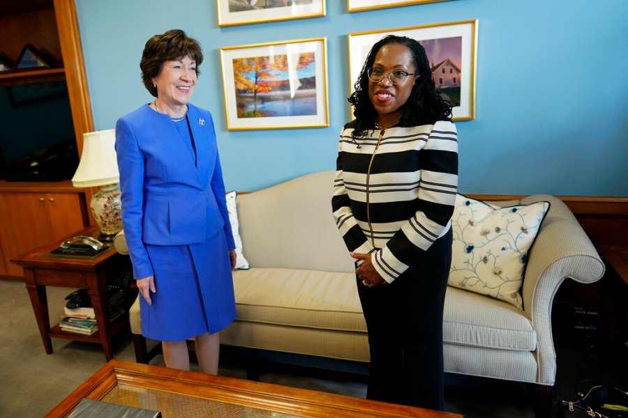 Supreme Court nominee Ketanji Brown Jackson meets with Sen. Susan Collins, R-Maine, on Capitol Hill in Washington, March 8, 2022. (AP Photo/Carolyn Kaster, File)