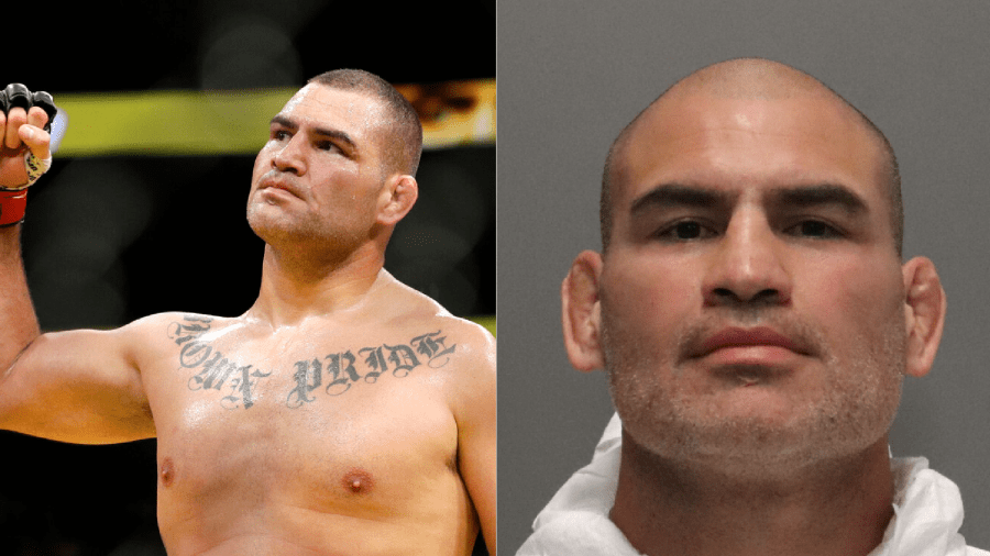 Cain Velasquez is seen at UFC 200 on July 9, 2016, in Las Vegas. (AP Photo/John Locher) On the right, he is seen in a photo released by the the San Jose Police Department.