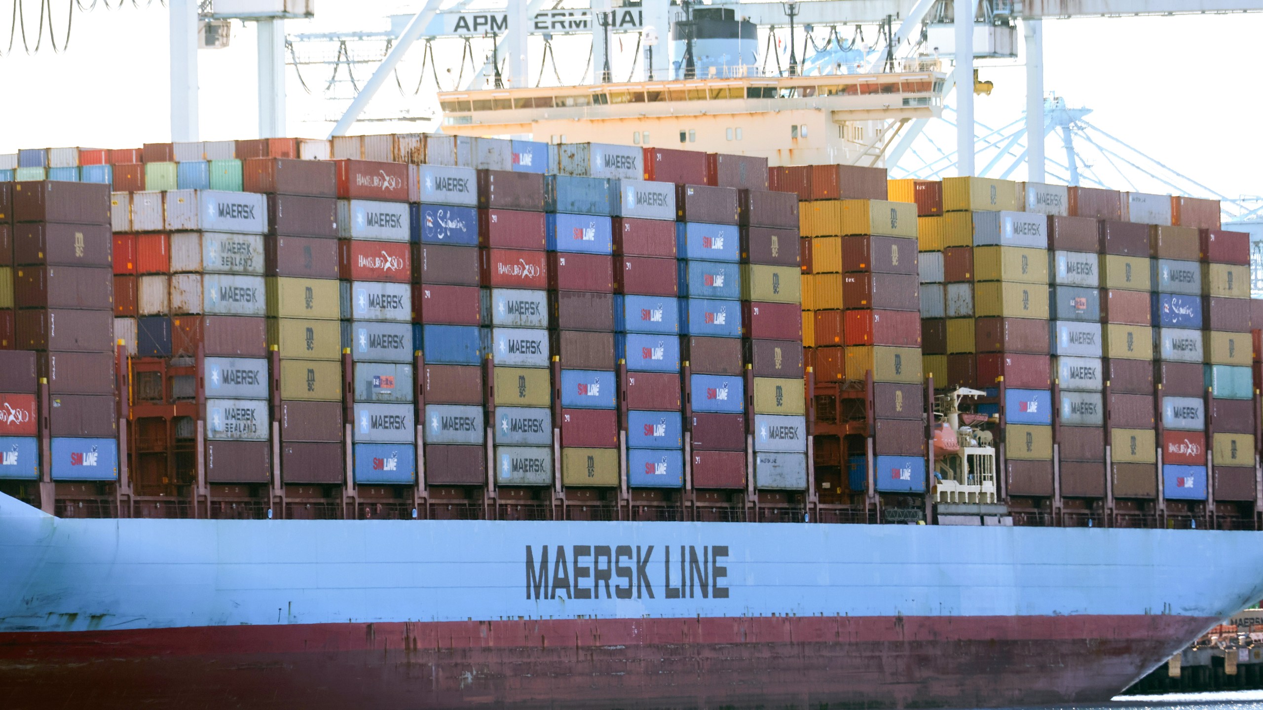 Shipping containers sit aboard a Maersk container ship at the Port of Los Angeles on Feb. 9, 2022 in San Pedro, California. (Mario Tama/Getty Images)