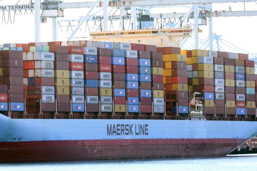 Shipping containers sit aboard a Maersk container ship at the Port of Los Angeles on Feb. 9, 2022 in San Pedro, California. (Mario Tama/Getty Images)