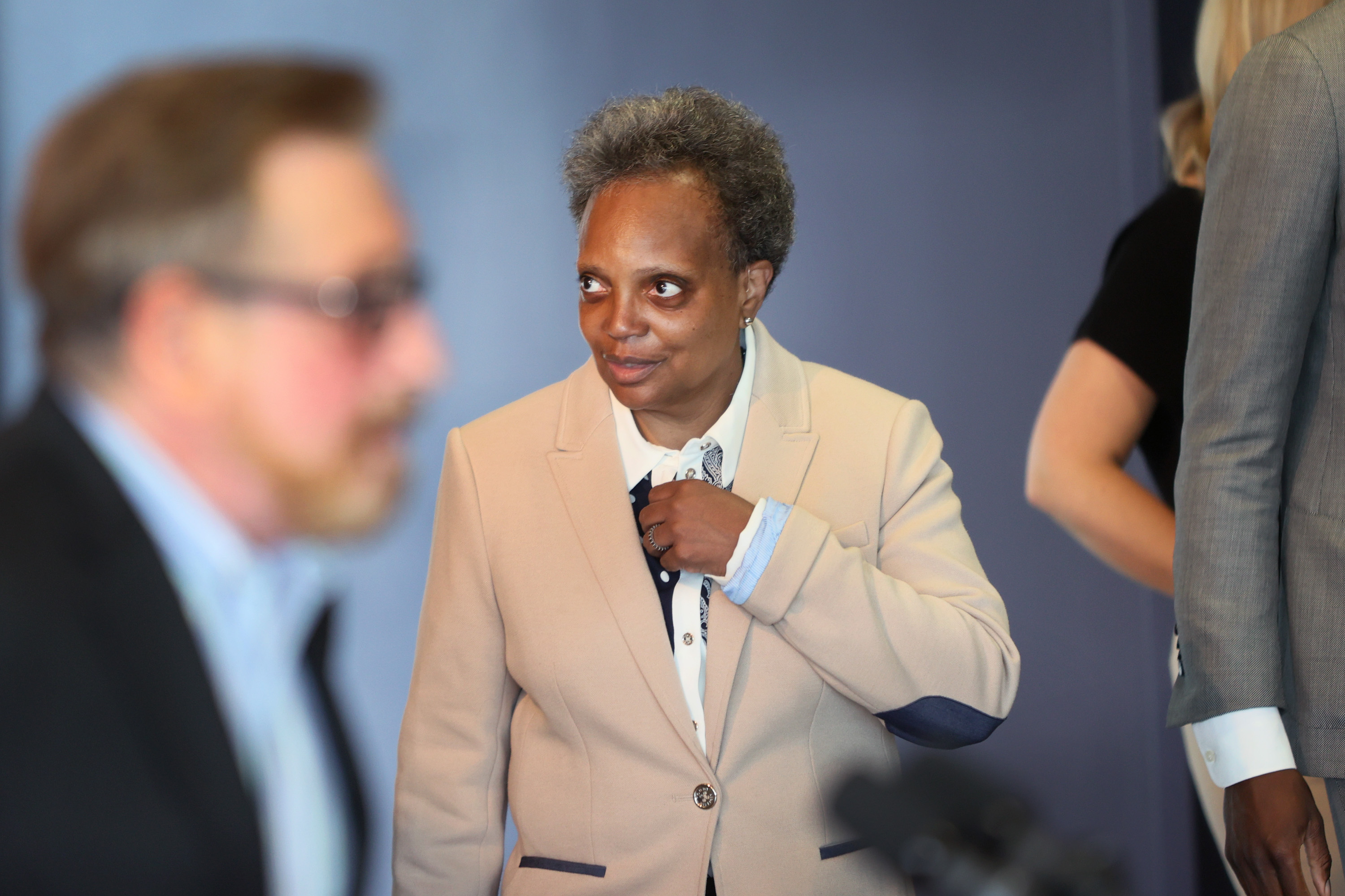 Chicago Mayor Lori Lightfoot greets guests at an event held to celebrate Pride Month at the Center on Halstead, a lesbian, gay, bisexual, and transgender community center, on June 7, 2021 in Chicago, Illinois. Lightfoot is the first openly gay mayor of the city of Chicago. (Scott Olson/Getty Images)