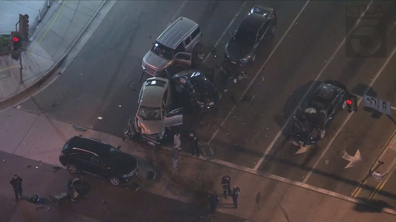 An eight-car crash in Los Alamitos on March 3, 2022, killed a man and dog and left three people hurt, police said. (KTLA)