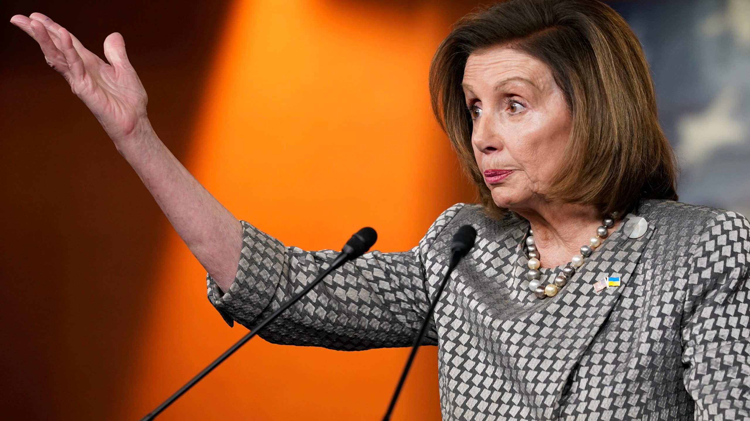 Speaker of the House Nancy Pelosi, of Calif., speaks to the media, Thursday, March 3, 2020, on Capitol Hill in Washington. (AP Photo/Mariam Zuhaib)