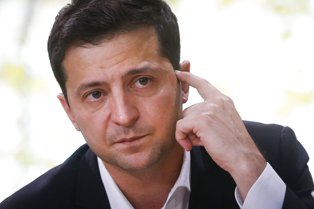 Ukrainian President Volodymyr Zelenskyy attends a talk with journalists in Kyiv, Ukraine on Oct. 10, 2019. (AP Photo/Efrem Lukatsky, File)