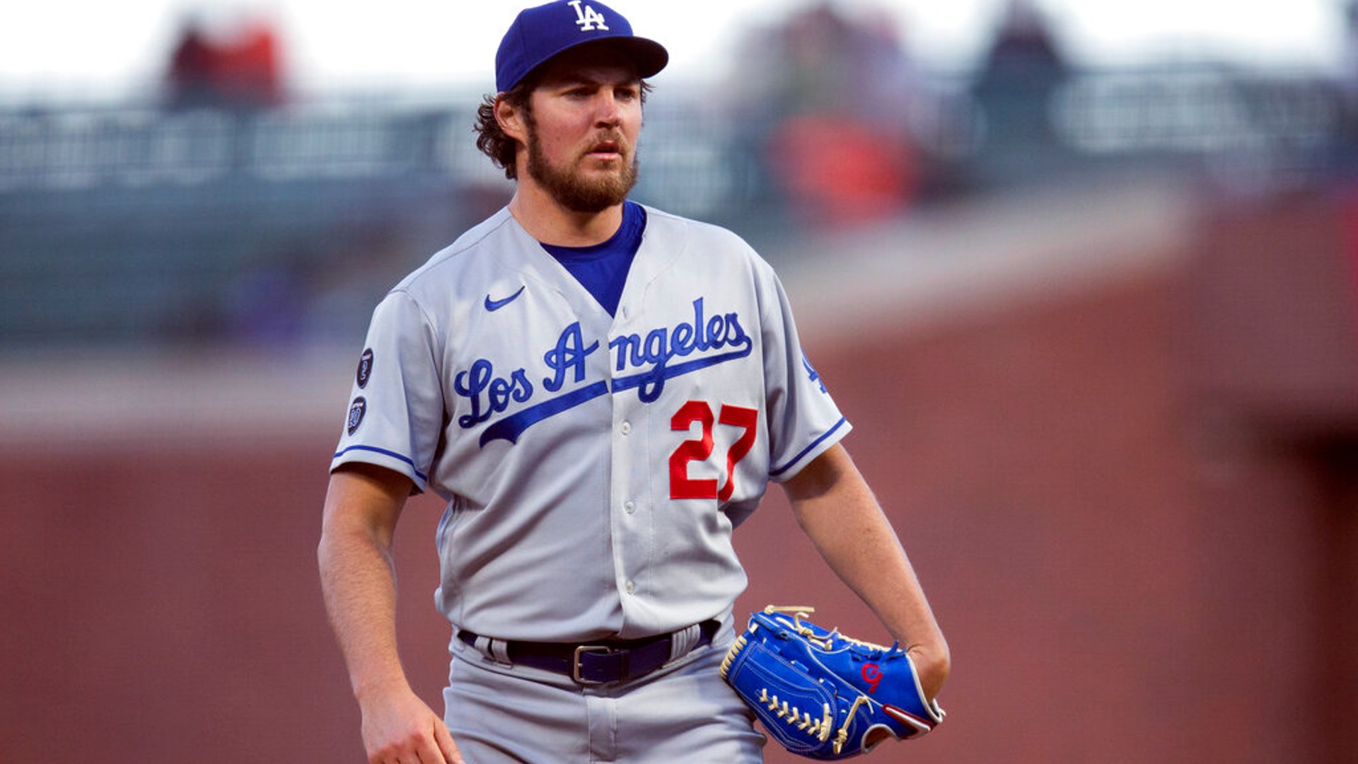 Los Angeles Dodgers starting pitcher Trevor Bauer looks toward home during the fourth inning of the the team's baseball game against the San Francisco Giants on May 21, 2021, in San Francisco. (AP Photo/D. Ross Cameron, File)