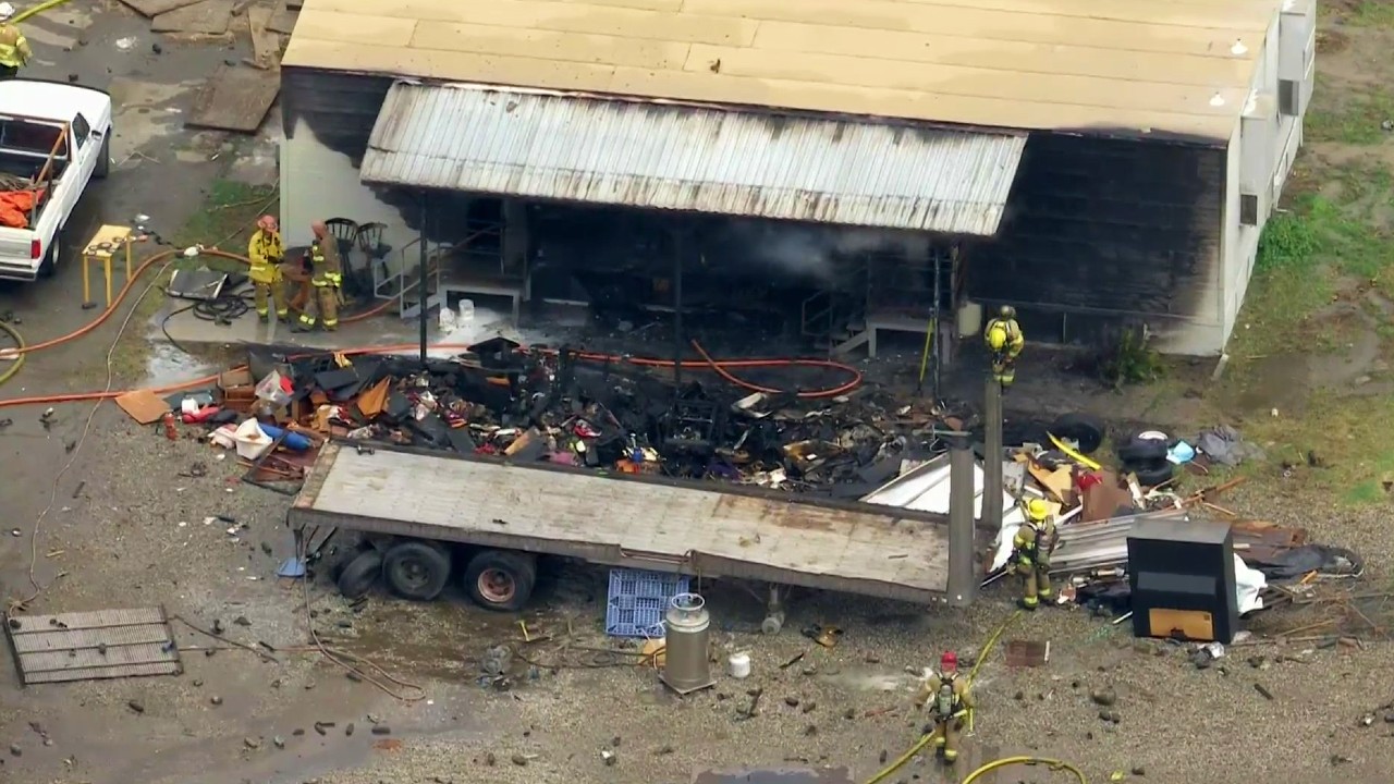 A damaged building is seen following a reported explosion in Montclair on March 31, 2022. (KTLA)