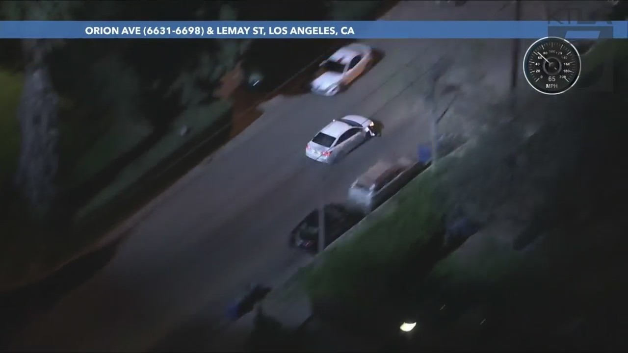 A white sedan led authorities on a high-speed chase that ended in Van Nuys on March 2, 2022. (KTLA)