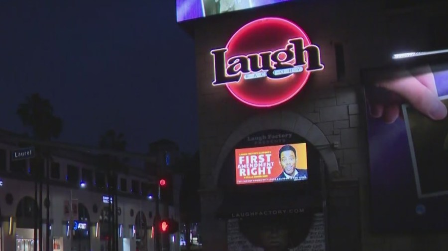 Hollywood's Laugh Factory changes marquee in support of Chris Rock following his slapping by Will Smith at the 94th Academy Awards. (KTLA)