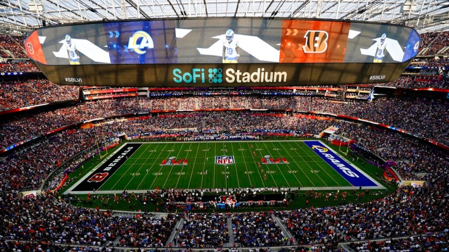 SoFi Stadium during the first half of the NFL Super Bowl 56 football game between the Los Angeles Rams and the Cincinnati Bengals, Sunday, Feb. 13, 2022, in Inglewood, Calif. (AP Photo/Matt Rourke)