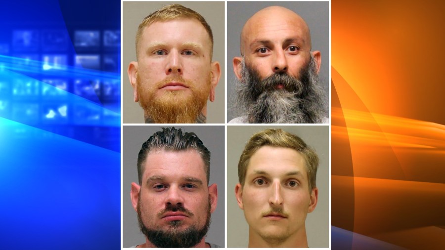 This combination of photos provided by the Kent County Sheriff and the Delaware Department of Justice shows, top row from left, Brandon Caserta and Barry Croft; and bottom row from left, Adam Dean Fox and Daniel Harris. The four members of anti-government groups are facing trial in March 2022 on federal charges accusing them in a plot to abduct Michigan's Democratic Gov. Gretchen Whitmer in 2020. Jury selection begins Tuesday, March 8, 2022, in a trial the presiding judge at the U.S. District Court courthouse in Grand Rapids, Mich., said could take over a month. (Kent County Sheriff, Delaware Department of Justice via AP File)