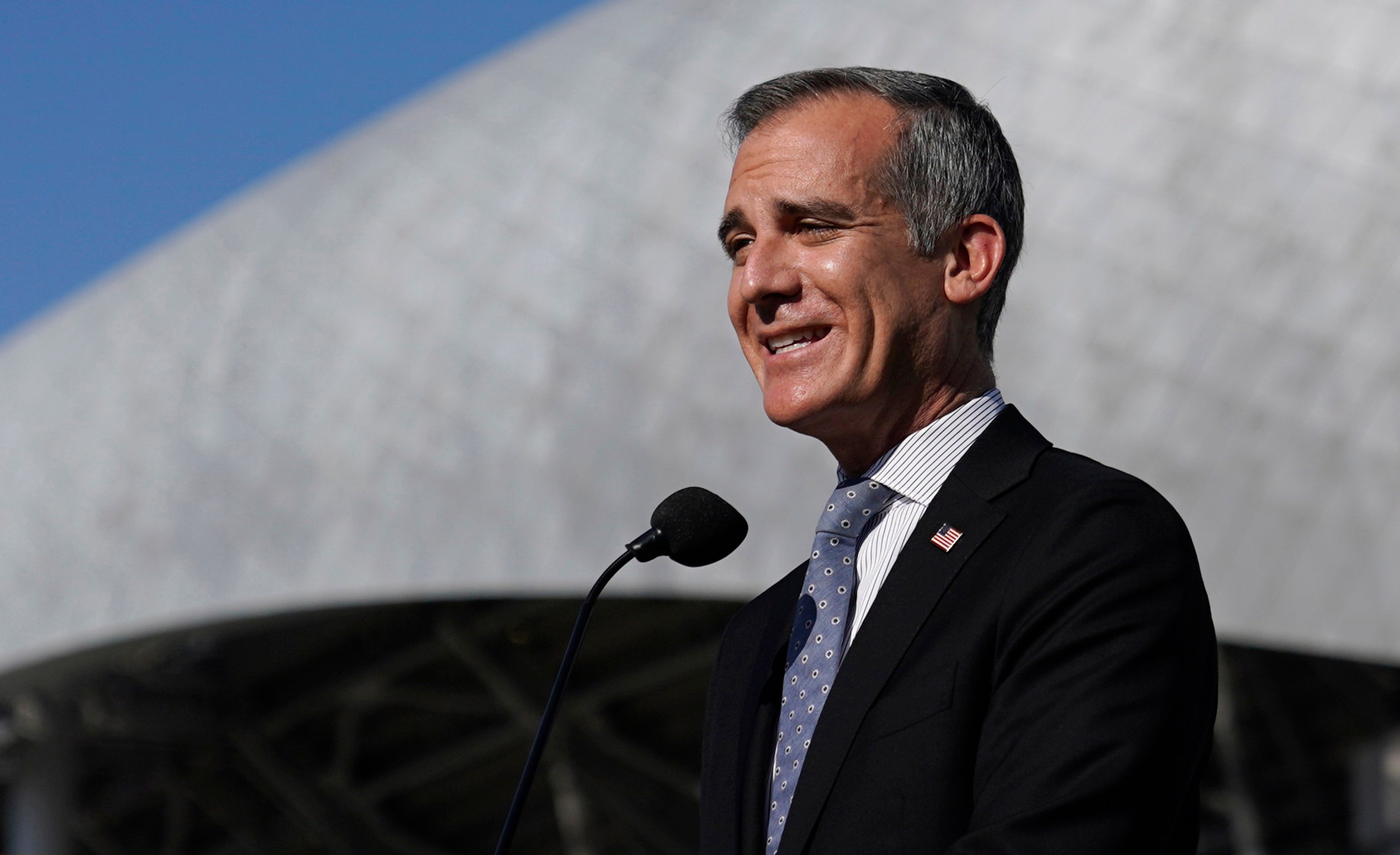 Los Angeles Mayor Eric Garcetti speaks during a news conference near SoFi Stadium on Feb. 2, 2022, in Inglewood, Calif. (AP Photo/Marcio Jose Sanchez, File)