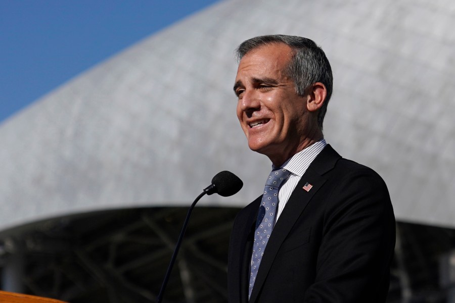 Los Angeles Mayor Eric Garcetti speaks during a news conference near SoFi Stadium on Feb. 2, 2022, in Inglewood, Calif. (AP Photo/Marcio Jose Sanchez, File)