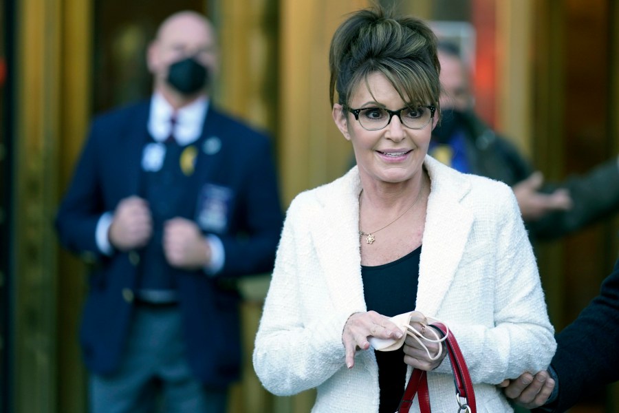 Sarah Palin leaves the courthouse in New York on Feb. 10, 2022. (Seth Wenig/Associated Press)