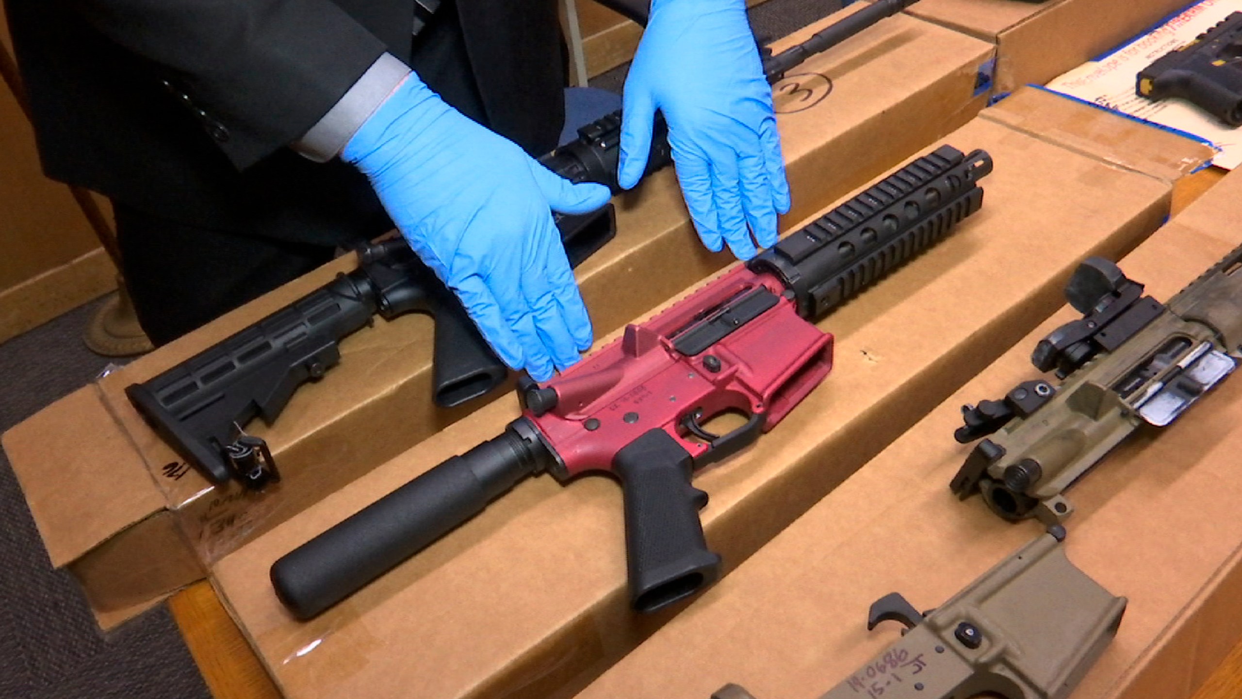 "Ghost guns" are on display at the headquarters of the San Francisco Police Department in San Francisco, Nov. 27, 2019. (AP Photo/Haven Daley, File)