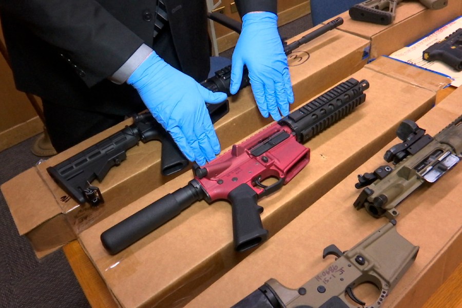 "Ghost guns" are on display at the headquarters of the San Francisco Police Department in San Francisco, Nov. 27, 2019. (AP Photo/Haven Daley, File)