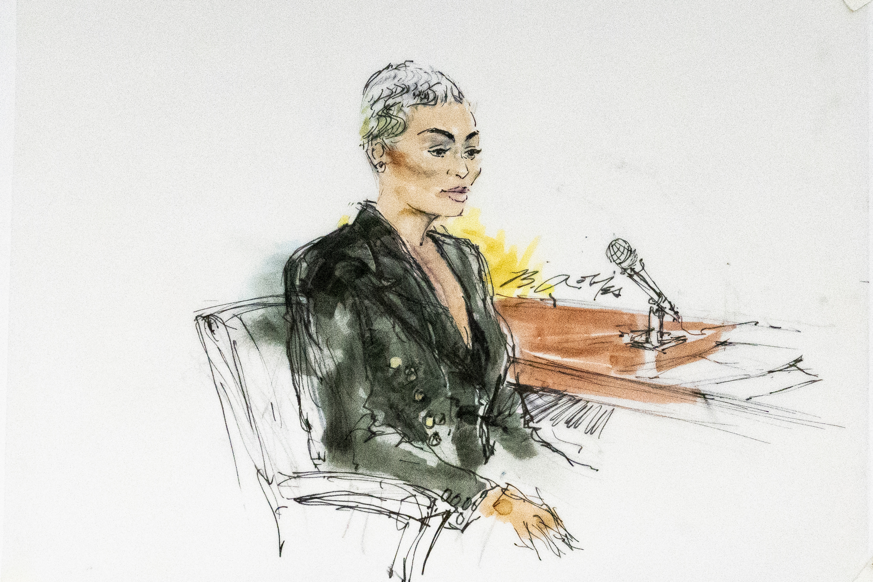 In this courtroom artist sketch, former reality television star Blac Chyna sits in court in Los Angeles on April 19, 2022. (Bill Robles via AP)