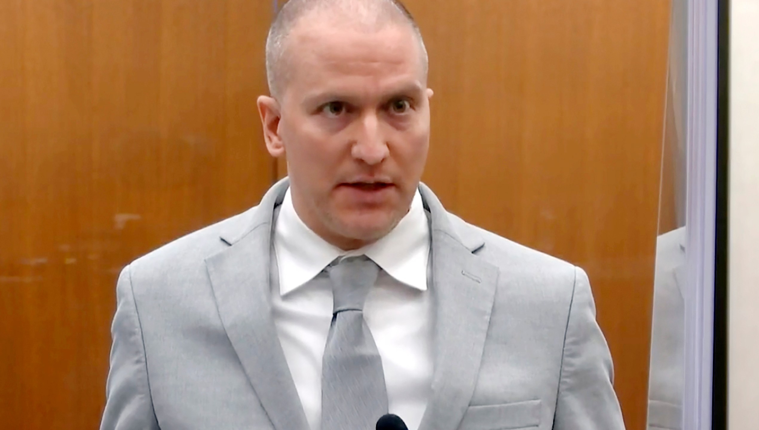 Former Minneapolis police officer Derek Chauvin addresses the court as Hennepin County Judge Peter Cahill presides over his sentencing in Minneapolis on June, 25, 2021. (Court TV via AP, Pool, File)