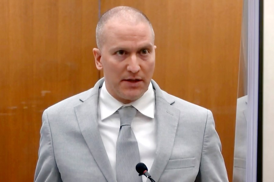 Former Minneapolis police officer Derek Chauvin addresses the court as Hennepin County Judge Peter Cahill presides over his sentencing in Minneapolis on June, 25, 2021. (Court TV via AP, Pool, File)