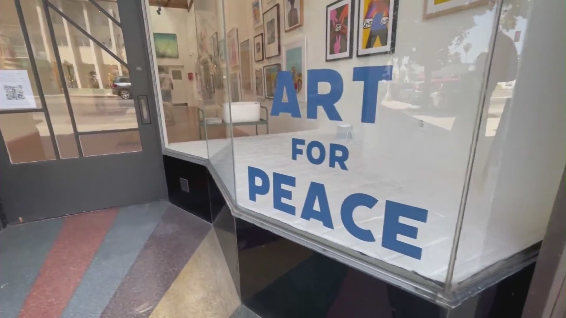 The Art for Peace gallery, shown on April 17, 2022, raises money for Ukrainian refugees. (KTLA)