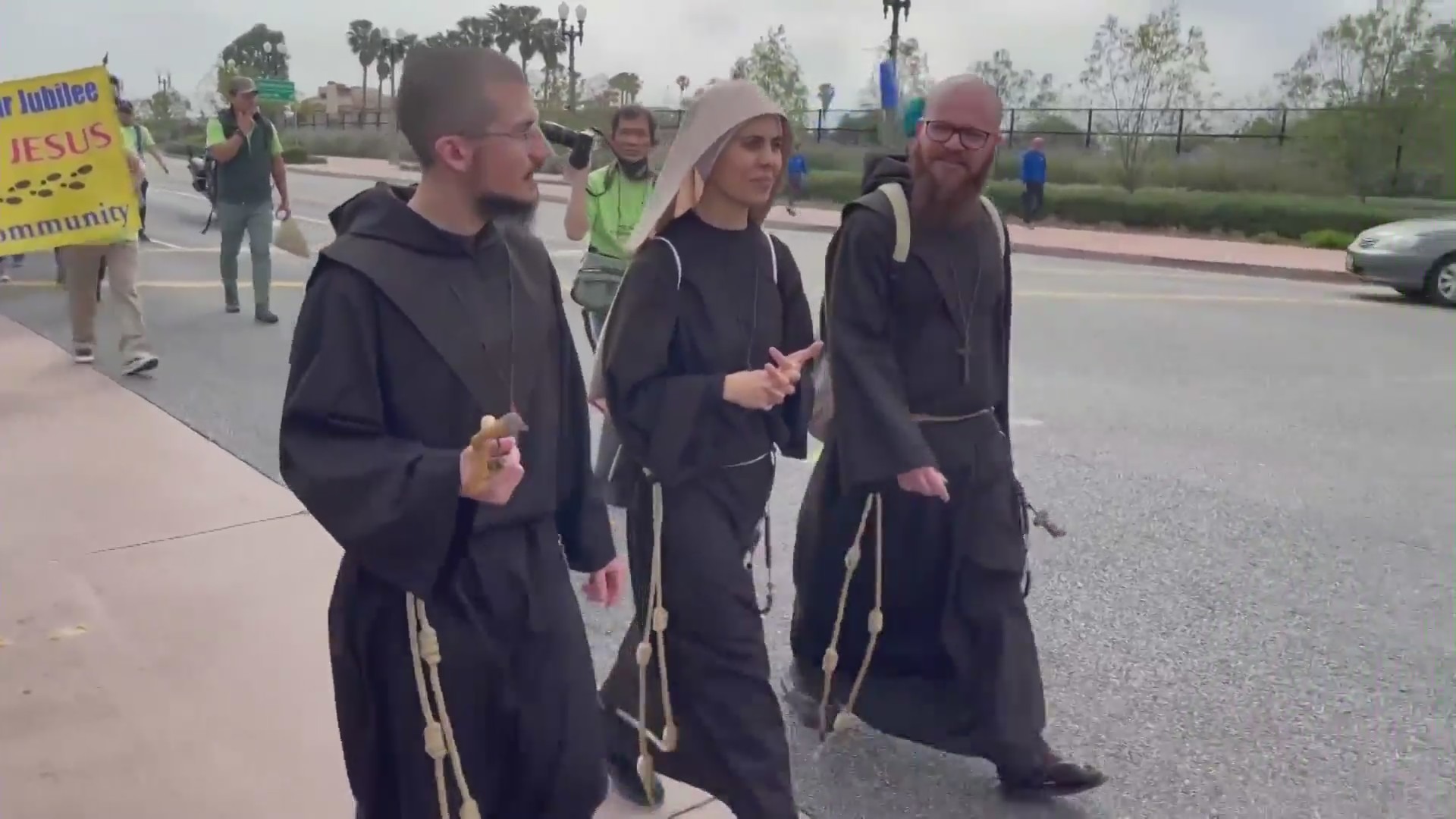 Marchers made their way from San Gabriel to downtown Los Angeles to mark the 250th anniversary of the founding of the Archdiocese of Los Angeles on April 2, 2022. (KTLA)