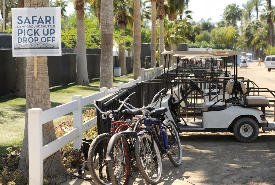 Bicycles are parked at the Safari campground shuttle stop during Day 3 of the Coachella Valley Music & Arts Festival at the Empire Polo Club on April 17, 2011, in Indio, California. (Frazer Harrison/Getty Images)