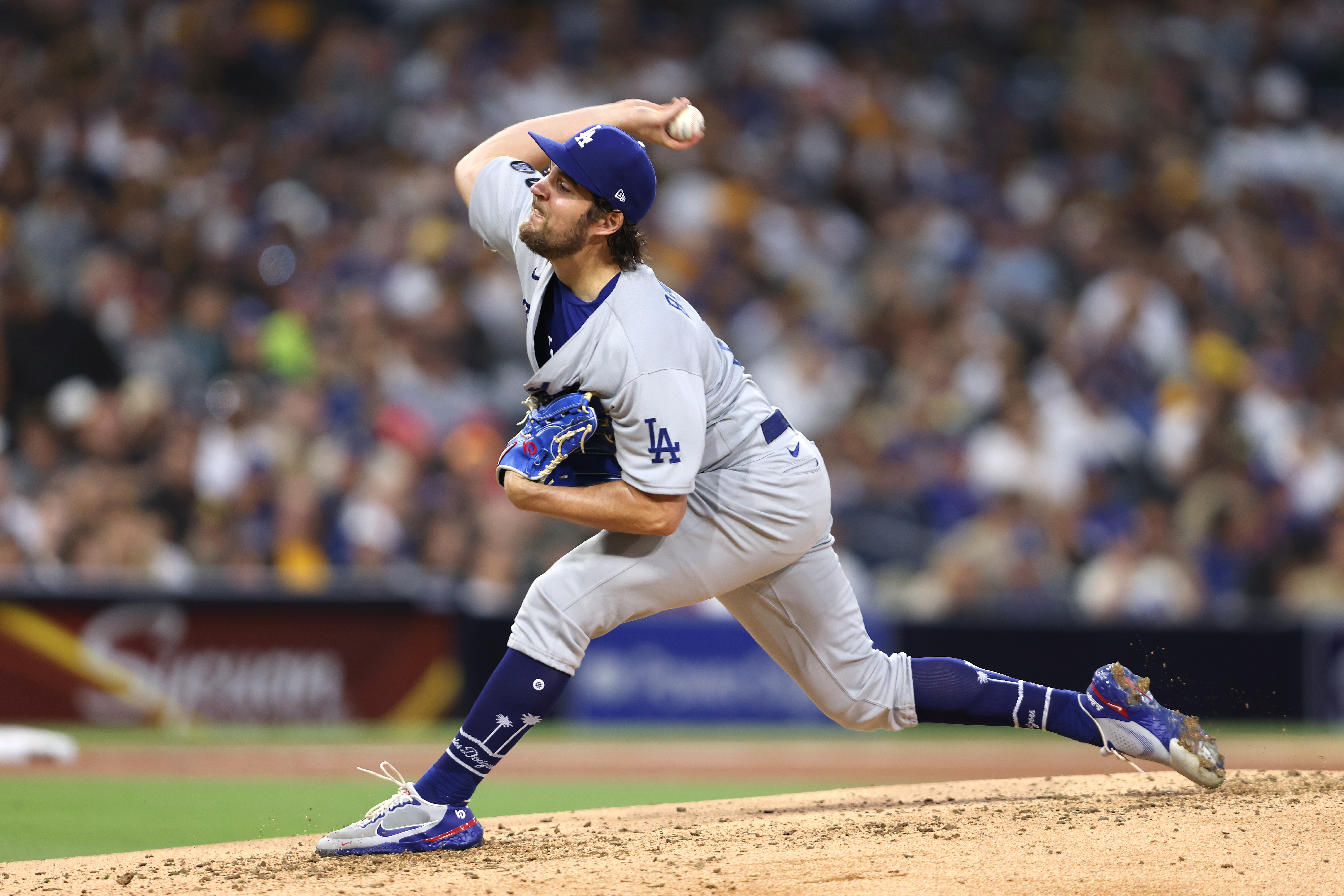 Trevor Bauer of the Los Angeles Dodgers pitches during the third inning of a game against the San Diego Padres at PETCO Park on June 23, 2021 in San Diego. (Sean M. Haffey/Getty Images)