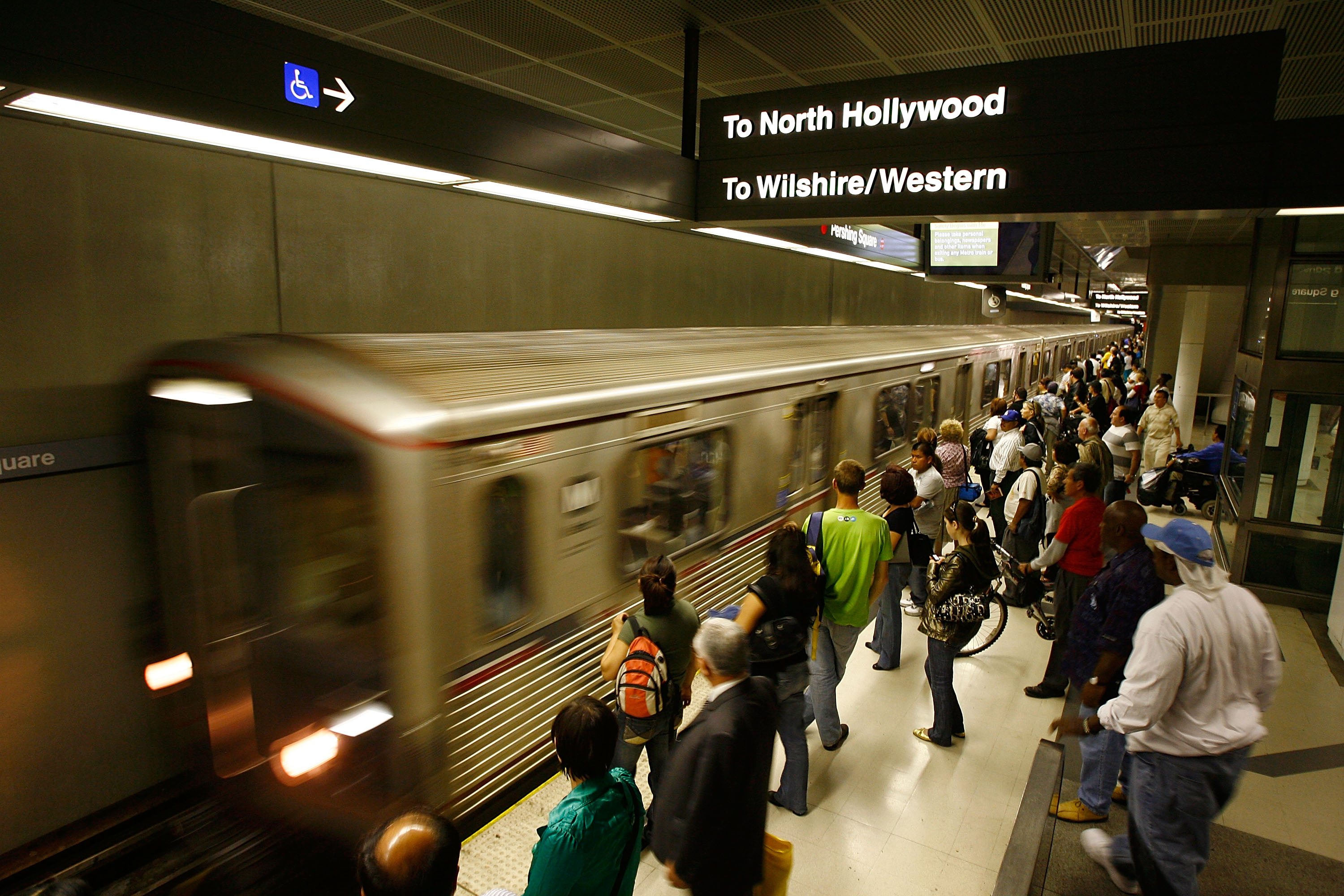 Passengers wait for Metro Rail subway trains during rush hour June 3, 2008 in Los Angeles. (David McNew/Getty Images)