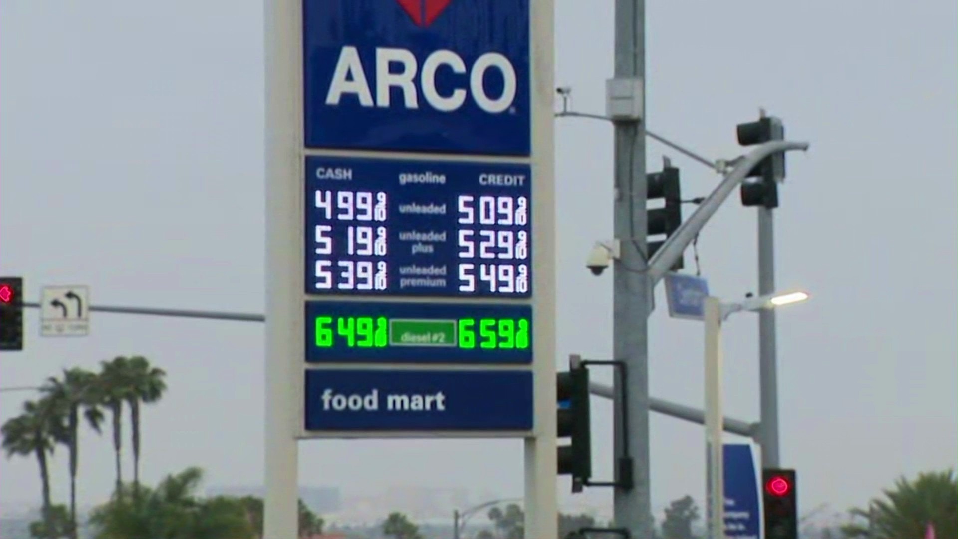 Gas for $4.99 per gallon is advertised at an Arco station in Inglewood on April 27, 2022. (KTLA)