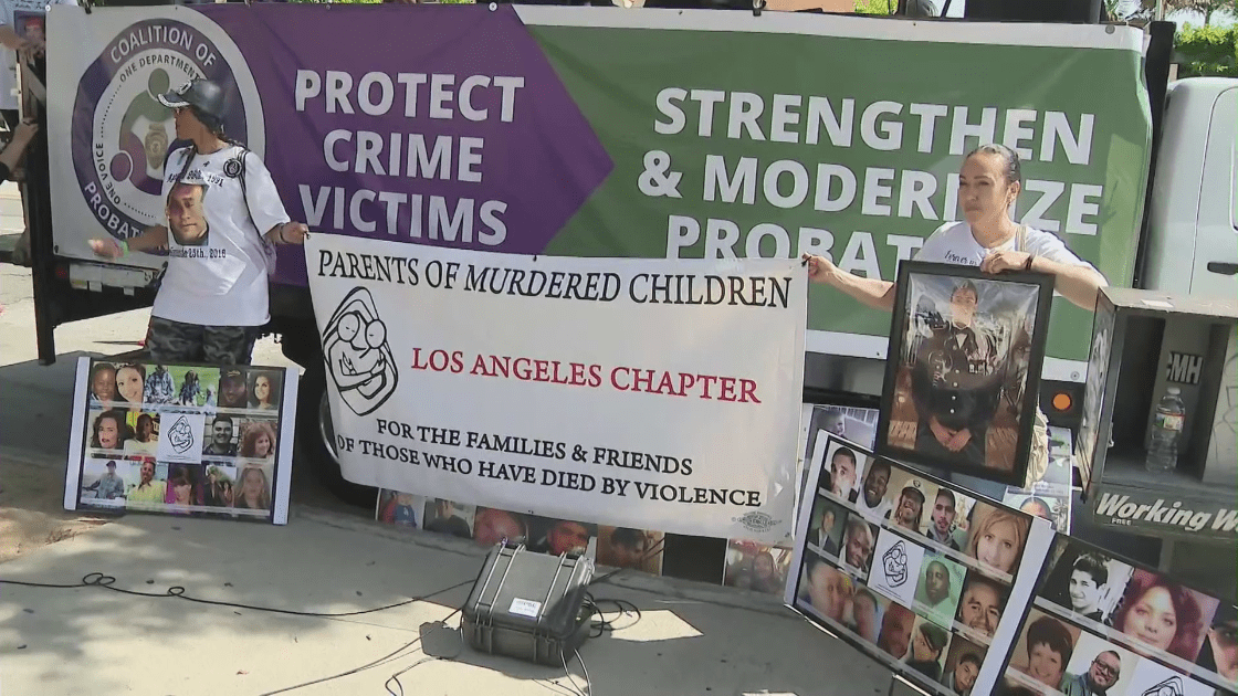 Probation workers and survivors of violent crimes rally in downtown Los Angeles on April 25, 2022. (KTLA)