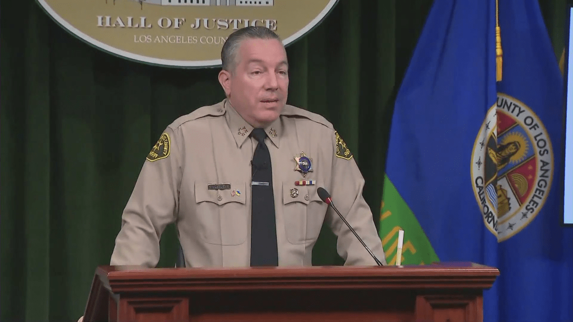 Los Angeles County Sheriff Alex Villanueva speaks during a news conference on April 26, 2022. (KTLA)