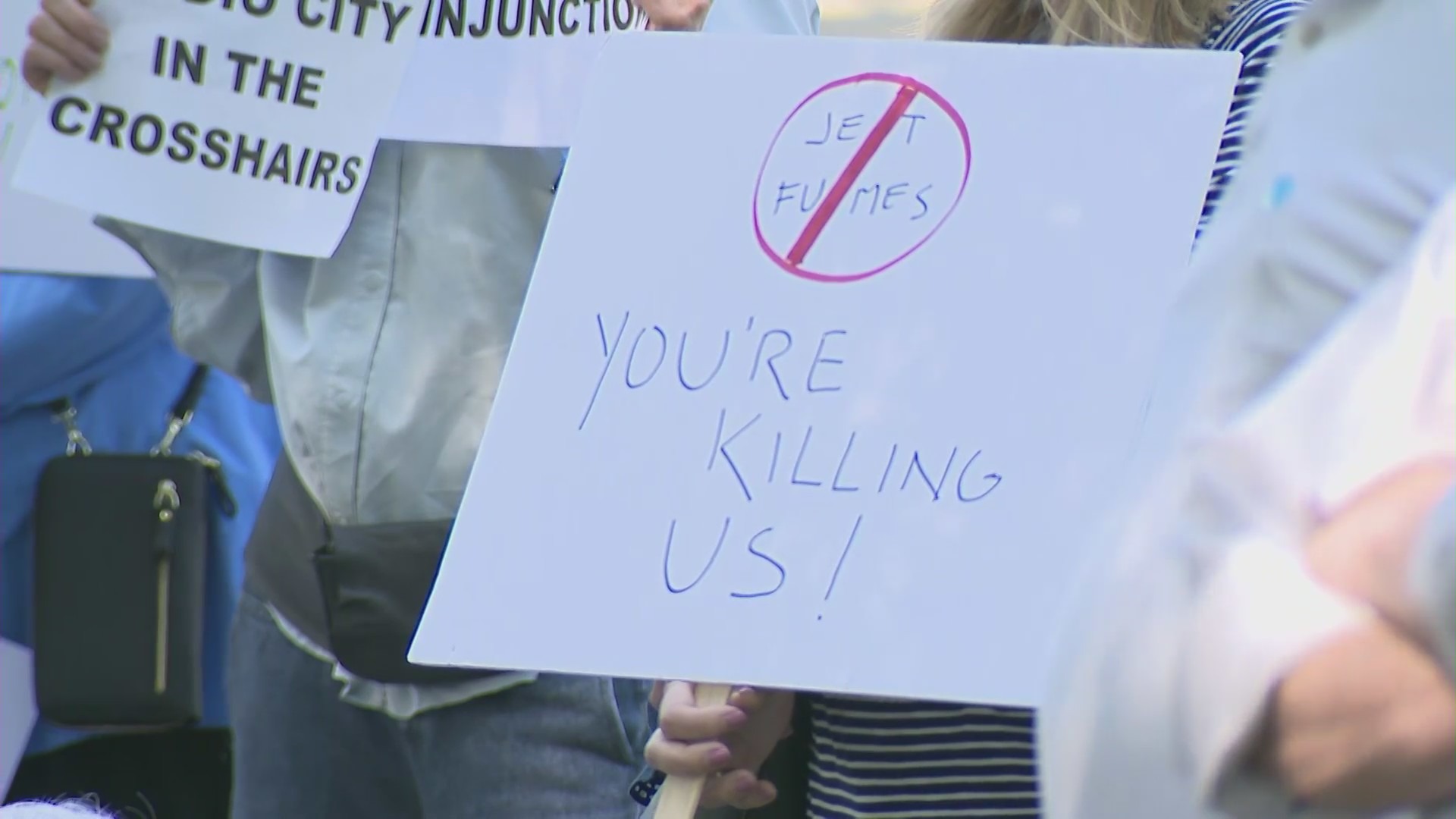 Valley residents on May 7, 2022, protested the Van Nuys Airport's impact on their homes. (KTLA)