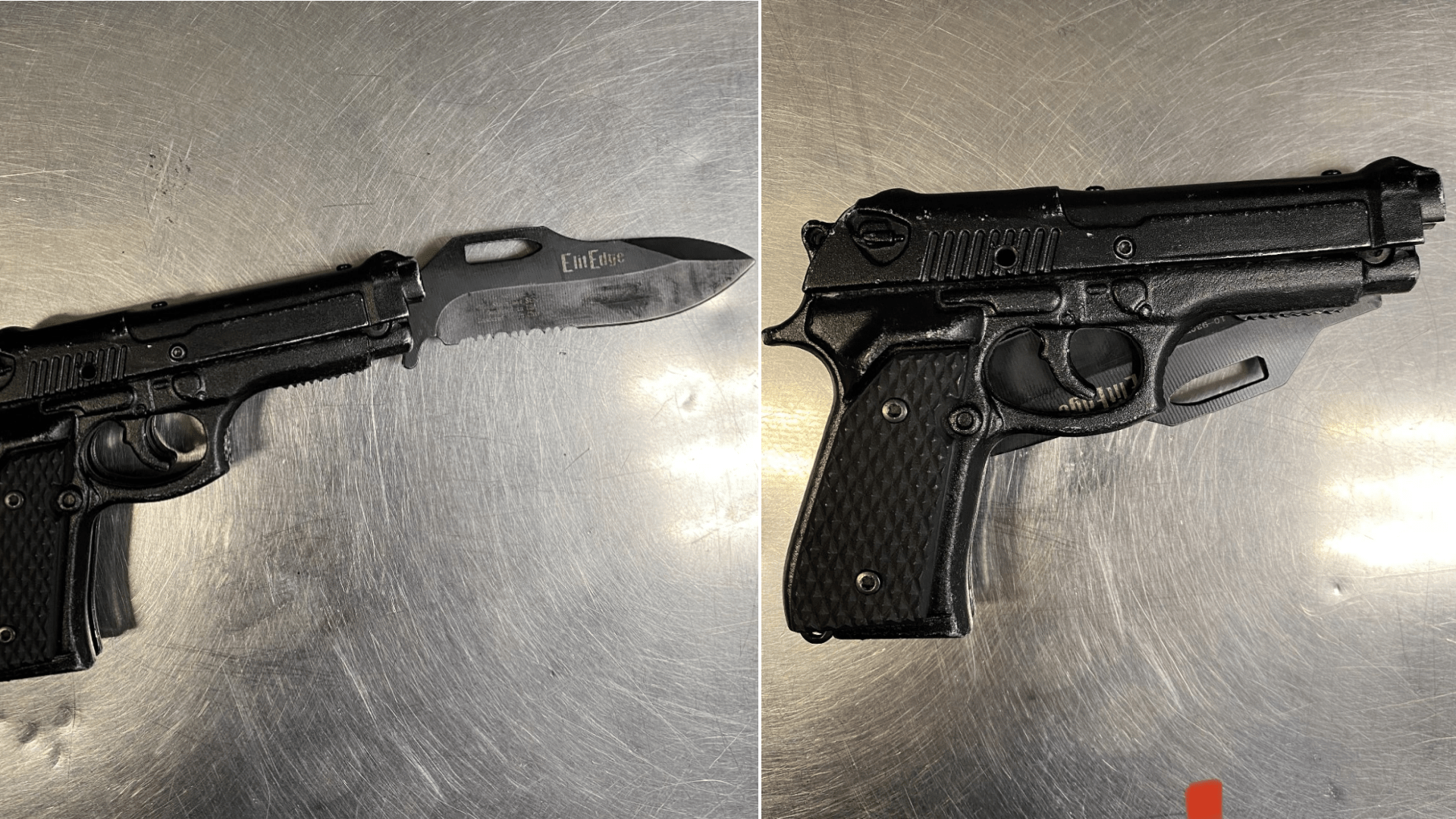 LAPD shared these photos of a replica handgun, which contained a knife blade, that was in the hand of a suspect who attacked Dave Chappelle on stage on May 3, 2022. (LAPD)