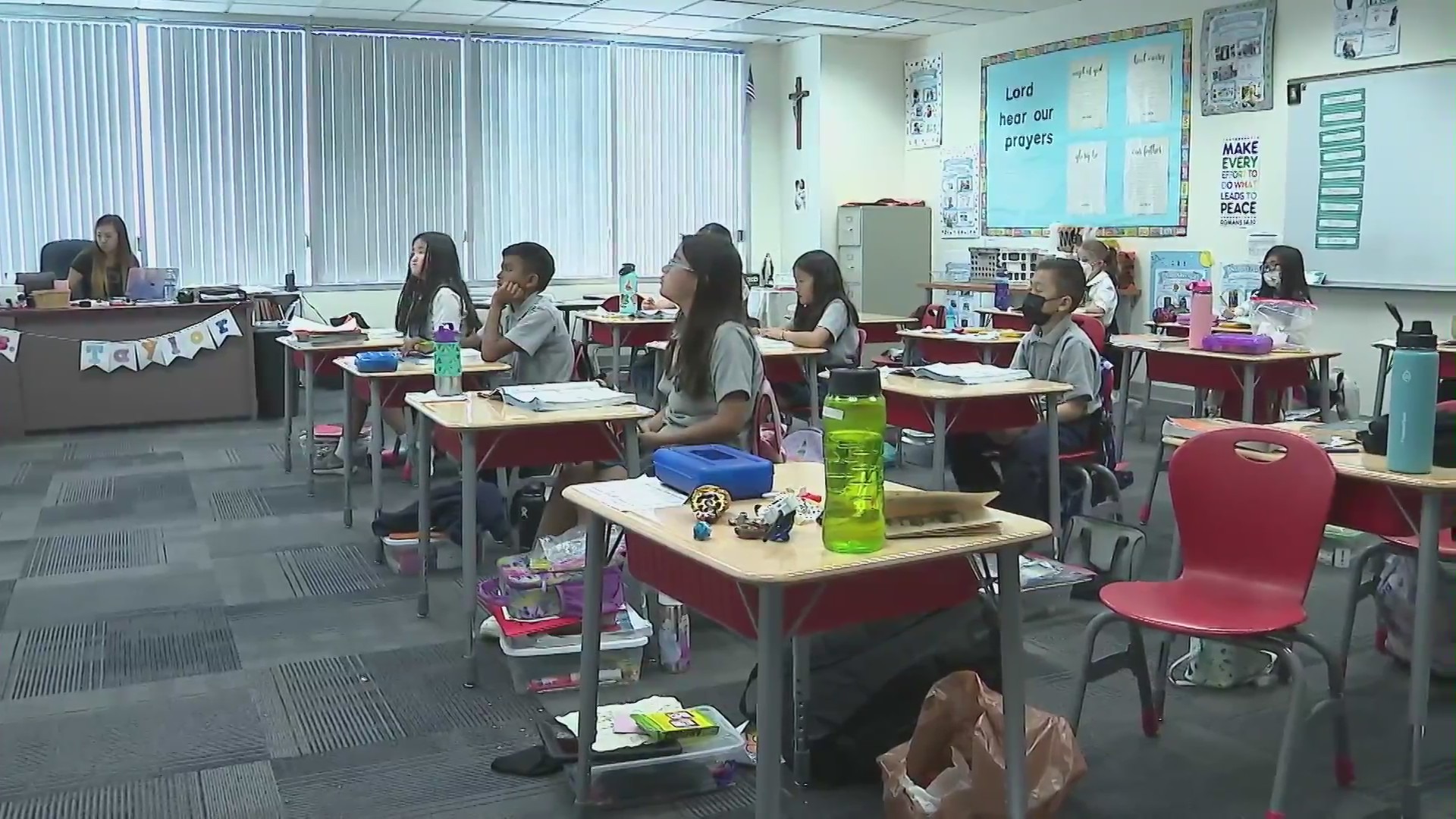 Catholic schools, as shown in this undated photo, have grown during the pandemic by offering in-person classes. (KTLA)