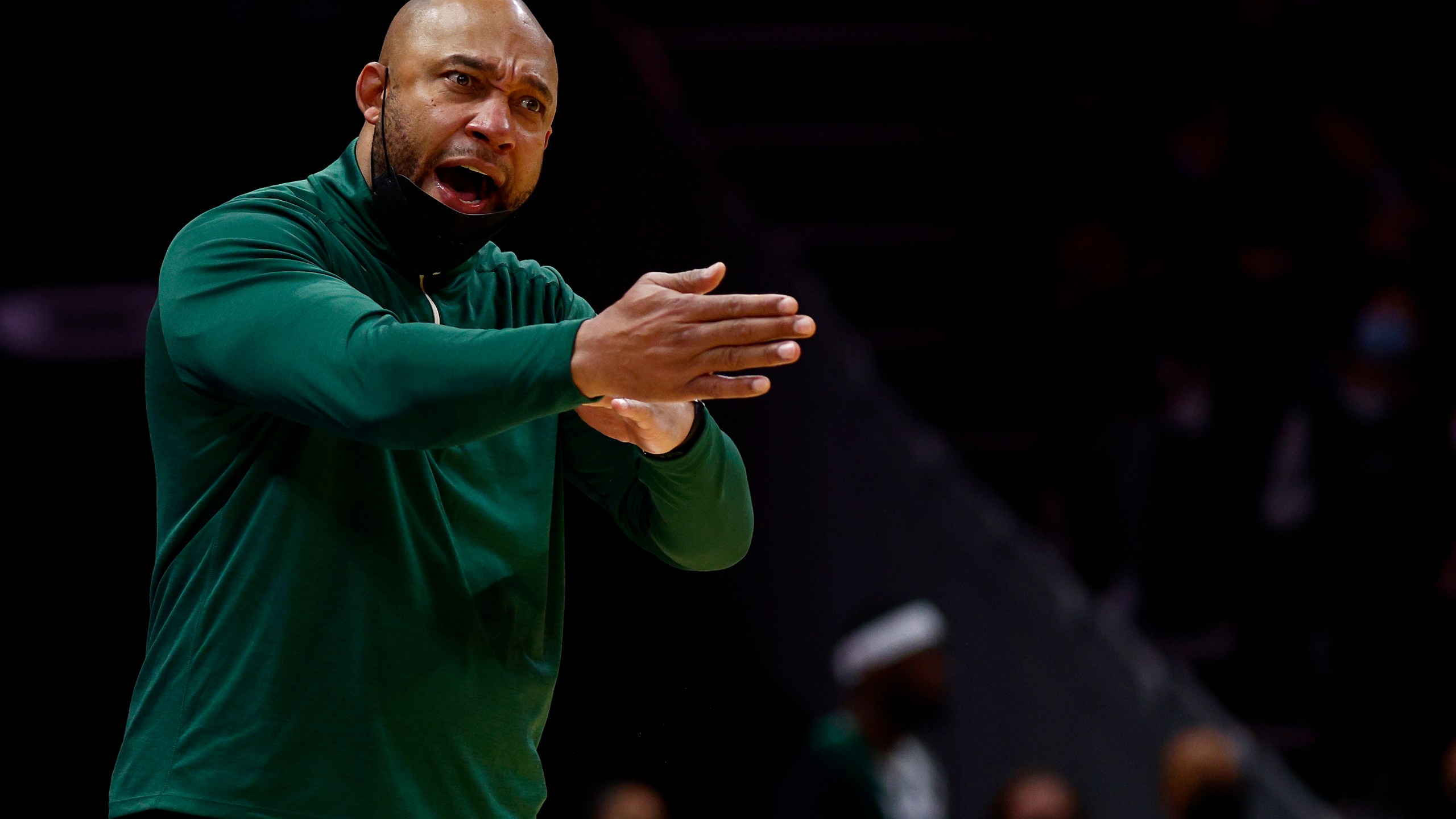 Acting head coach Darvin Ham of the Milwaukee Bucks reacts during the second half of the game against the Charlotte Hornets at Spectrum Center on Jan. 8, 2022, in Charlotte, North Carolina. Ham was reportedly picked to be the next head coach of the Los Angeles Lakers on May 27, 2022. (Jared C. Tilton/Getty Images)