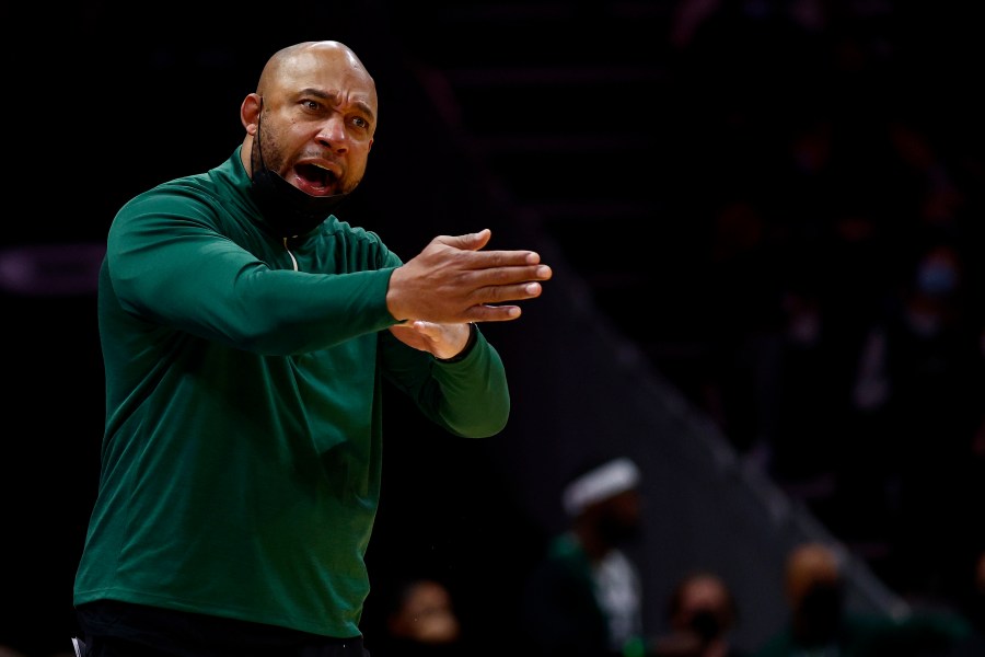 Acting head coach Darvin Ham of the Milwaukee Bucks reacts during the second half of the game against the Charlotte Hornets at Spectrum Center on Jan. 8, 2022, in Charlotte, North Carolina. Ham was reportedly picked to be the next head coach of the Los Angeles Lakers on May 27, 2022. (Jared C. Tilton/Getty Images)