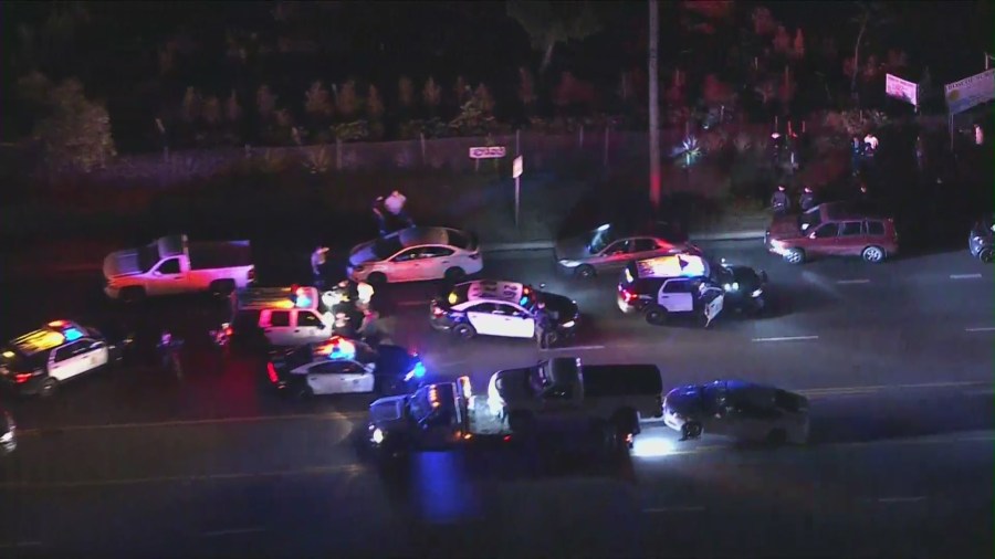 Police made multiple arrests during a street takeover in Sun Valley on May 5, 2022. (KTLA)