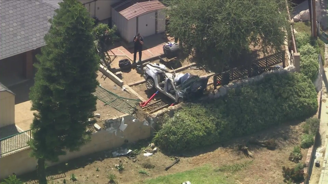 A vehicle crashed into a La Verne backyard on May 31, 2022. (KTLA)