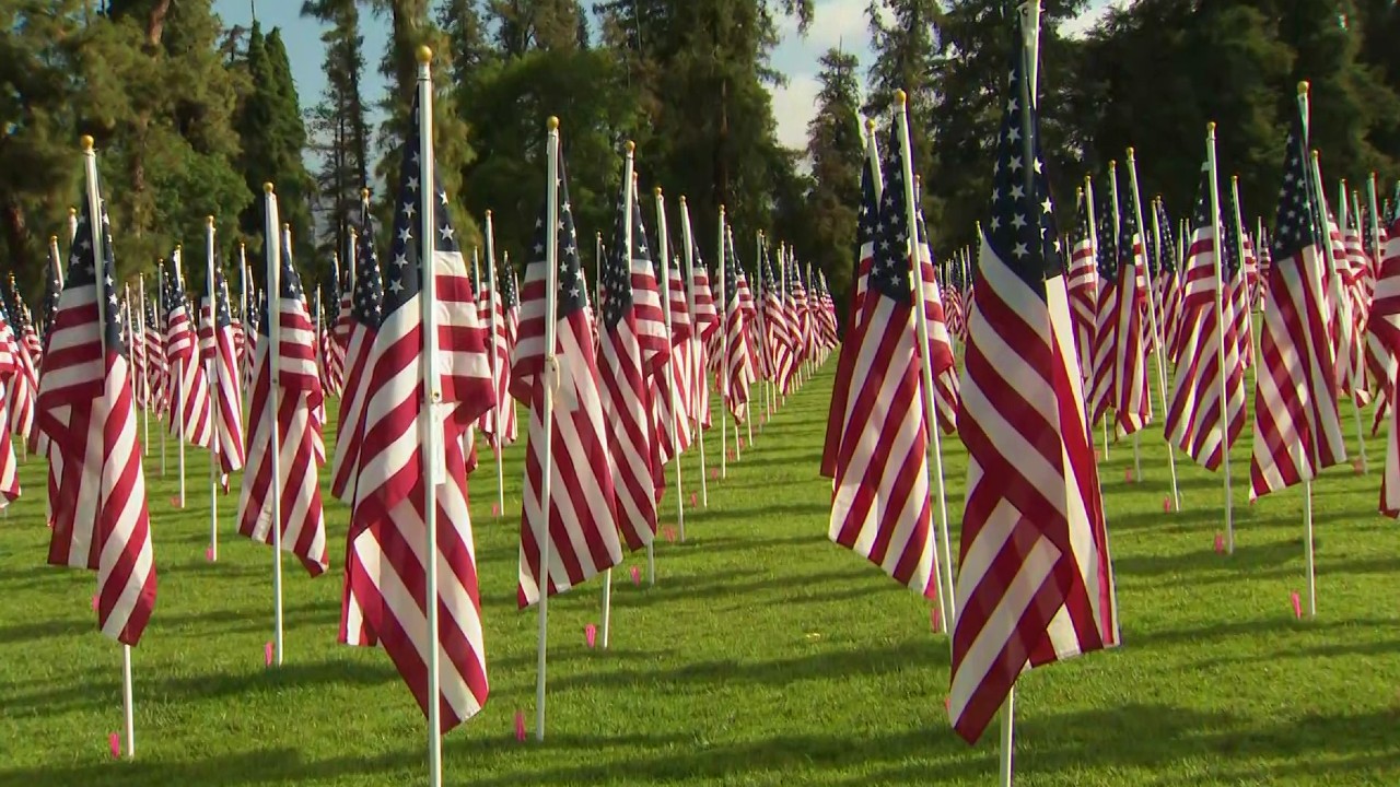 Flags are seen at the Field of Honor memorial in Glendale on May 30, 2022. (KTLA)