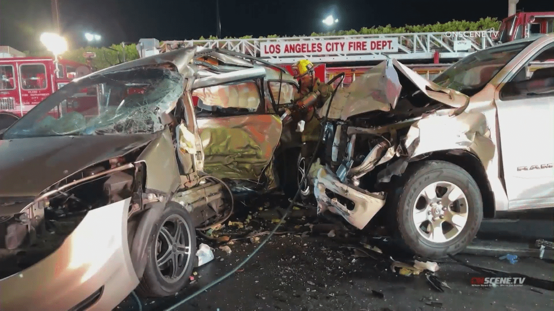 Police and firefighters respond to a crash in North Hills on May 12, 2022. (OnScene.TV)