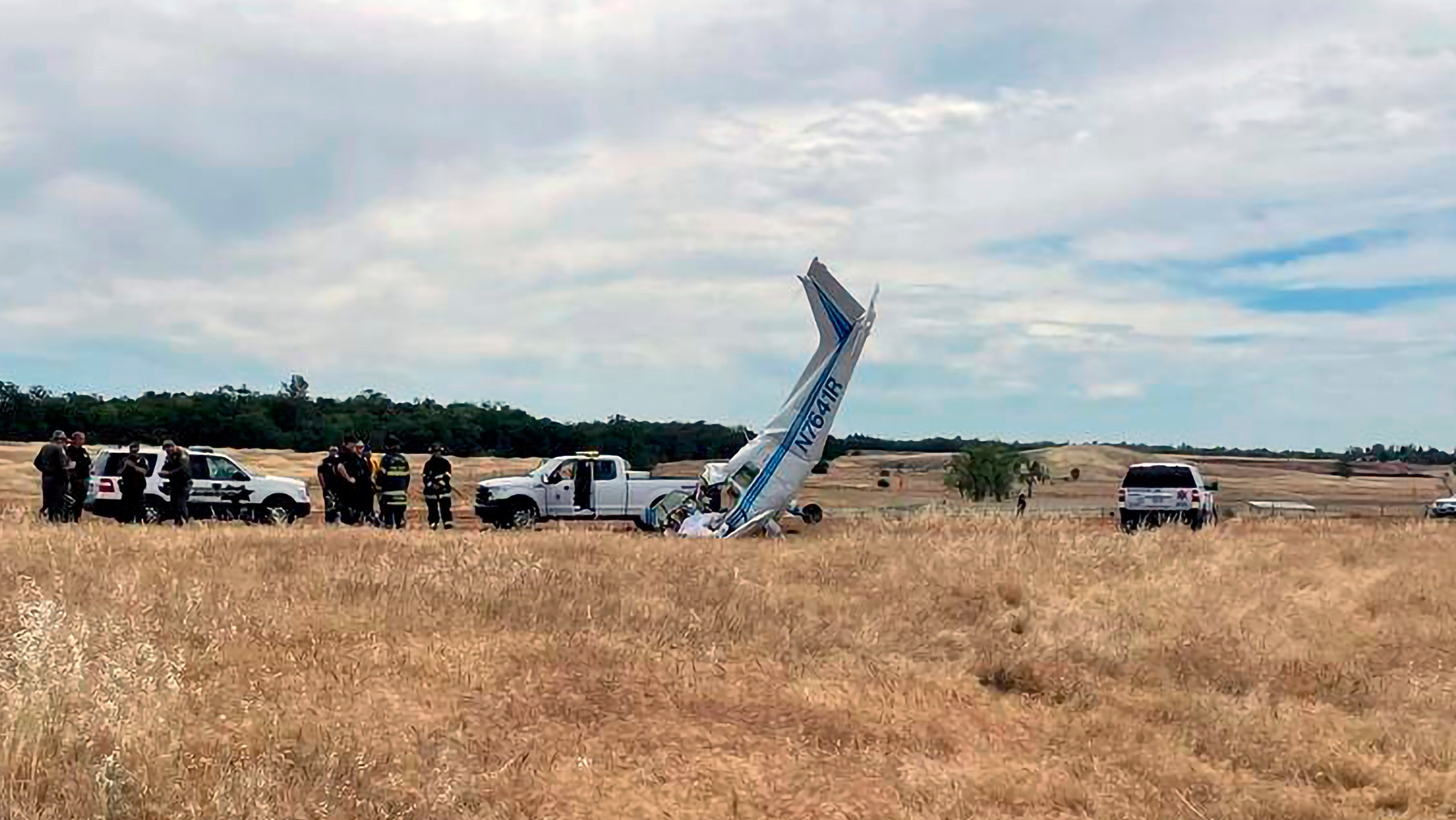 Police and fire respond to a small plane crash at Oroville Municipal Airport in Oroville, Calif., on Thursday, June 2, 2022. (Butte County Fire Department via AP)