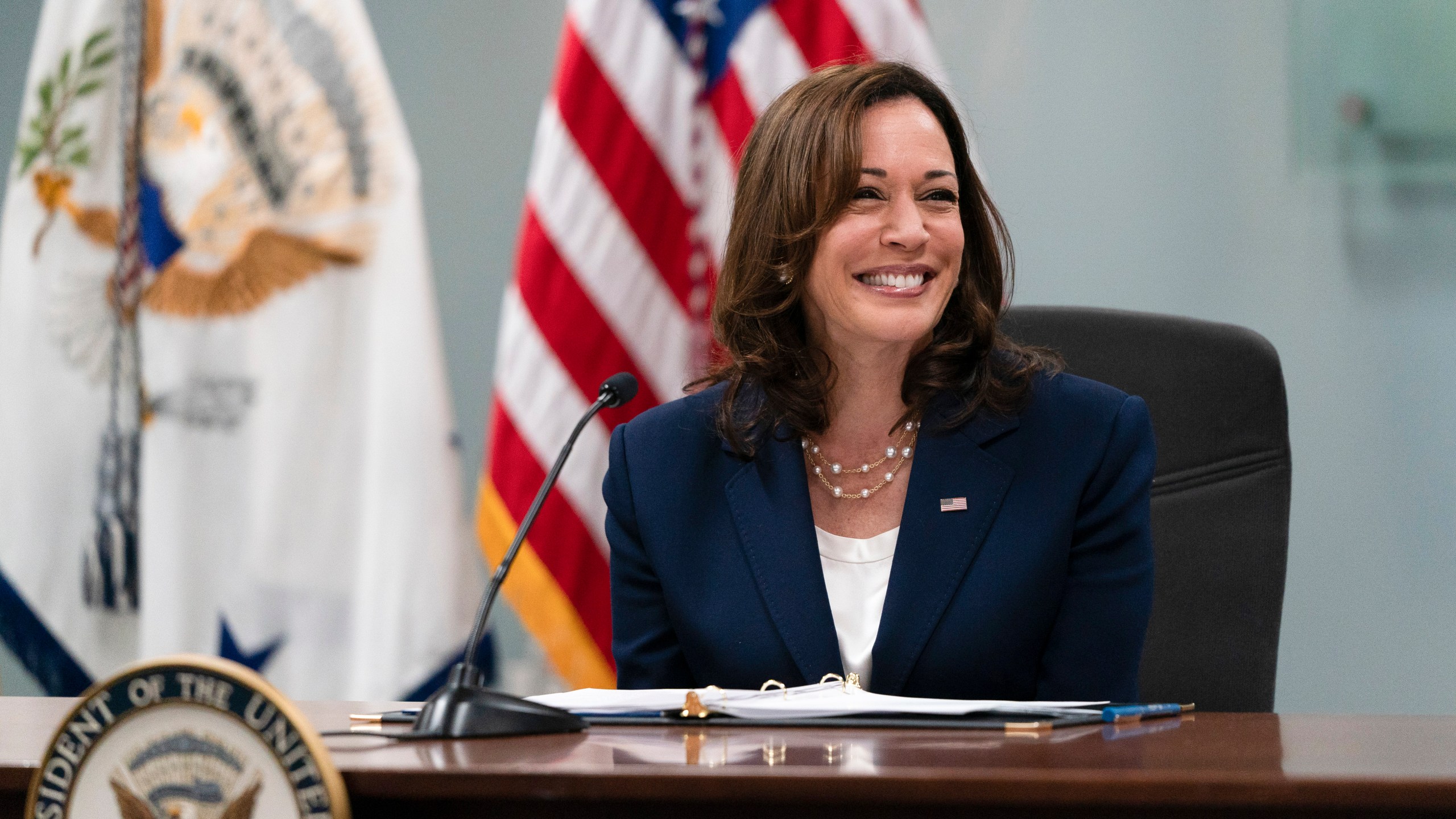 Vice President Kamala Harris smiles while speaking during a roundtable discussion with faith leaders in Los Angeles, Monday, June 6, 2022. (AP Photo/Jae C. Hong)