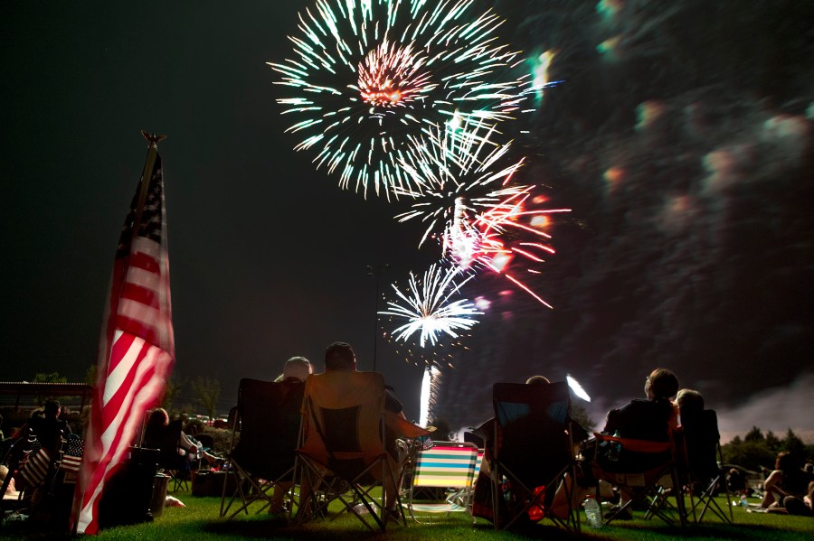 Spectators watch as fireworks explode overhead during the Fourth of July celebration at Pioneer Park, on July 4, 2013, in Prescott, Ariz. The skies over a scattering of Western cities will stay dark for the third consecutive Fourth of July in 2022 as some big fireworks displays are canceled again, this time for pandemic related supply chain or staffing problems, or fire concerns amid dry weather. The city of Phoenix cited supply chain issues in canceling its three major Independence Day fireworks shows. (AP Photo/Julie Jacobson, File)