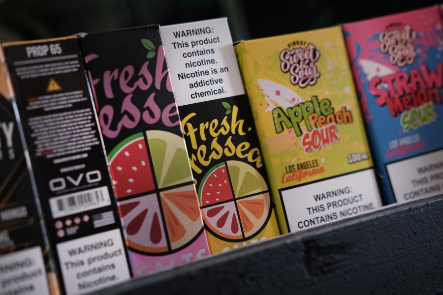 Vaping products, including flavored vape liquids and pods, are displayed at a store on Sept. 17, 2019 in New York City. (Spencer Platt/Getty Images)